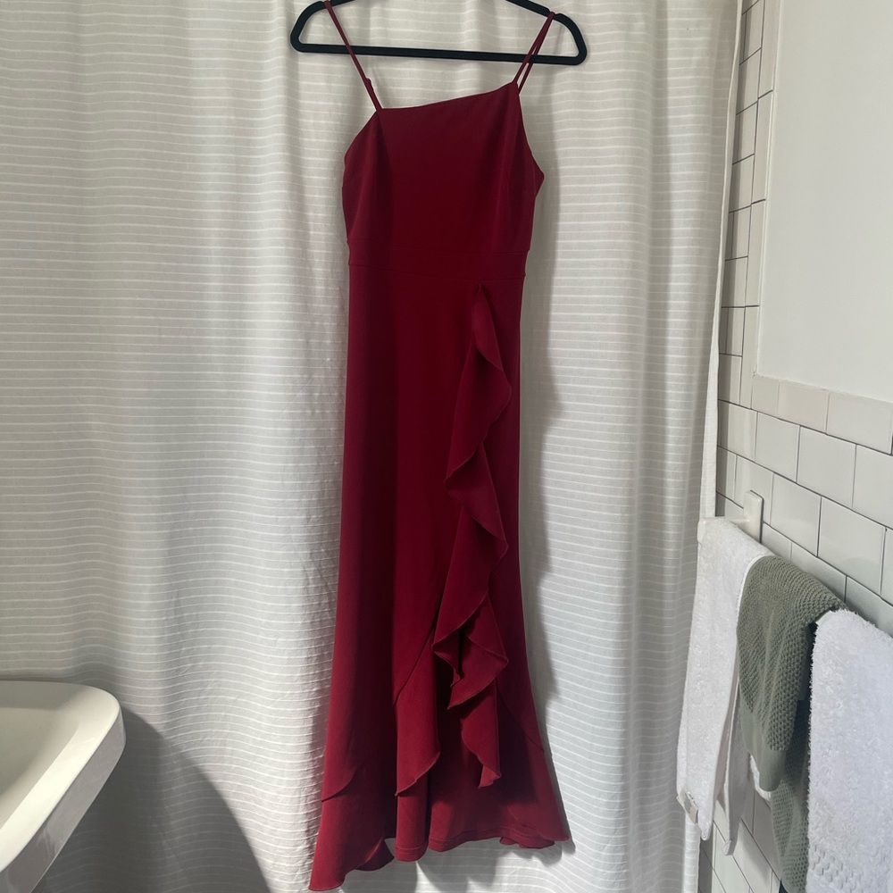 Red wedding guest dress with ruffle slit